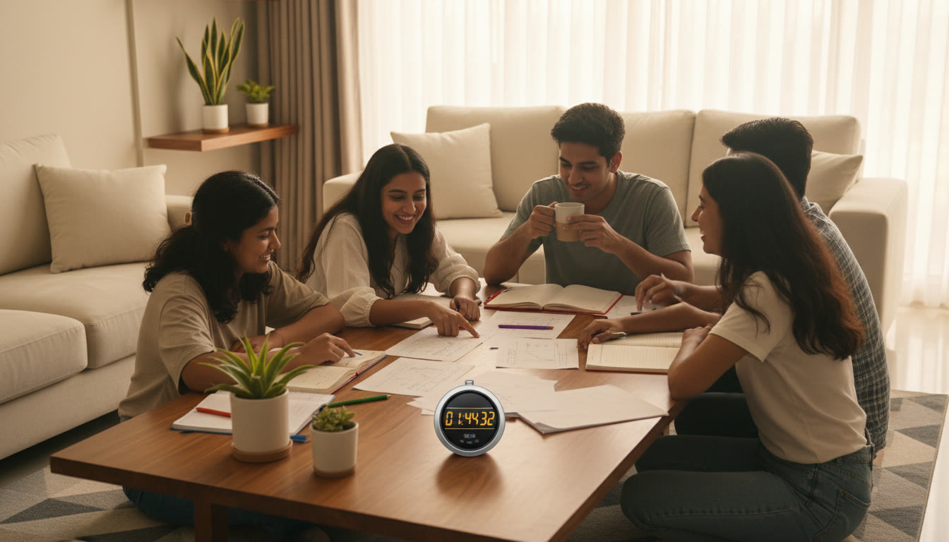 Photo Idea : A small study group reviewing a mock test on a table, with a visible stopwatch and notes