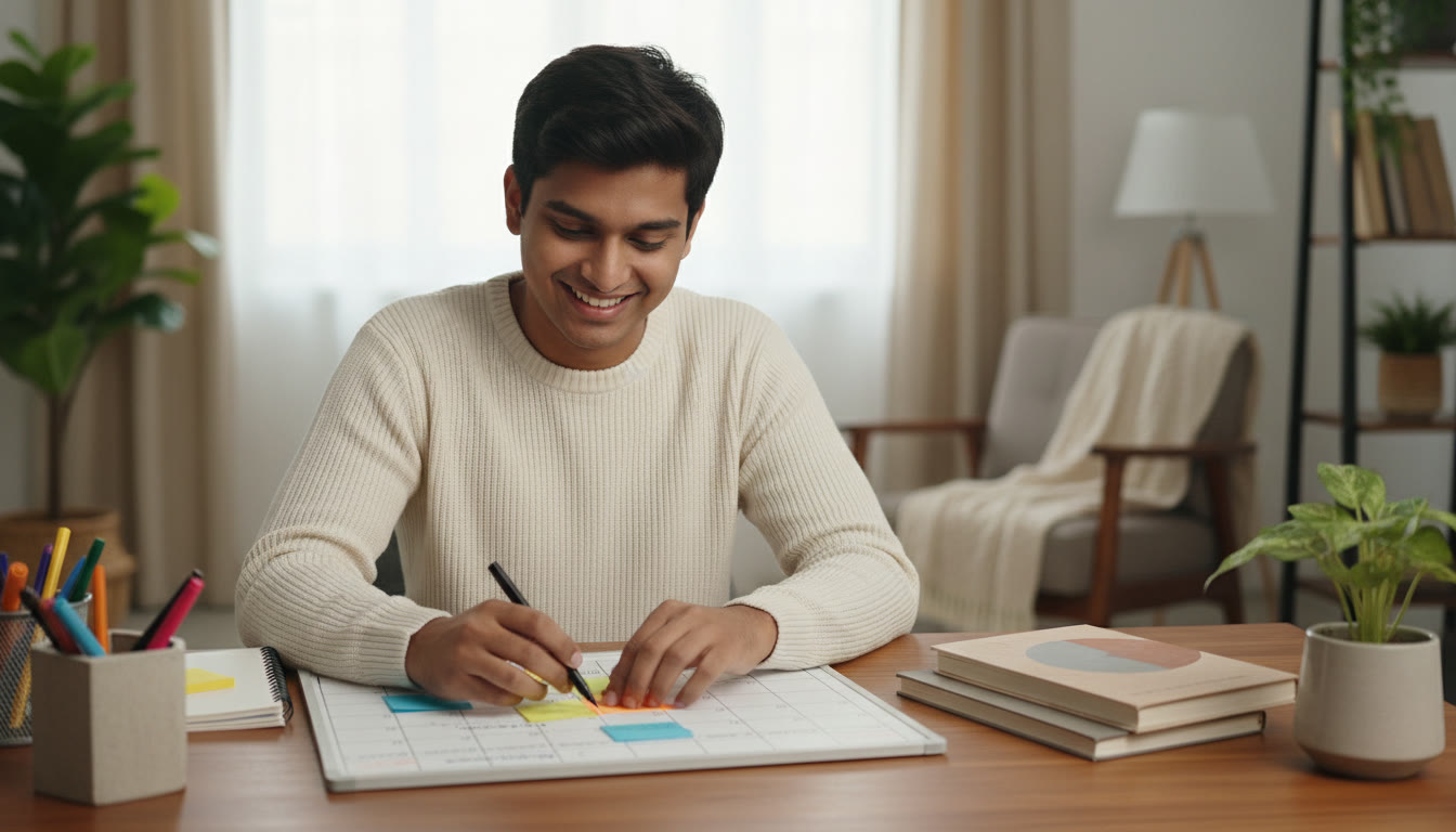 Photo Idea : close-up of a student arranging a color-coded revision schedule on a desk