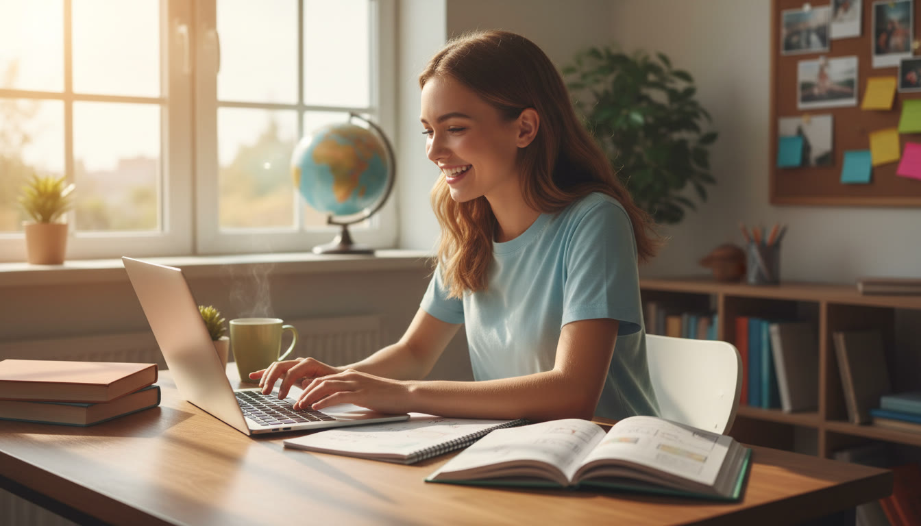 Photo Idea : student revising with notebooks and laptop at a sunny desk