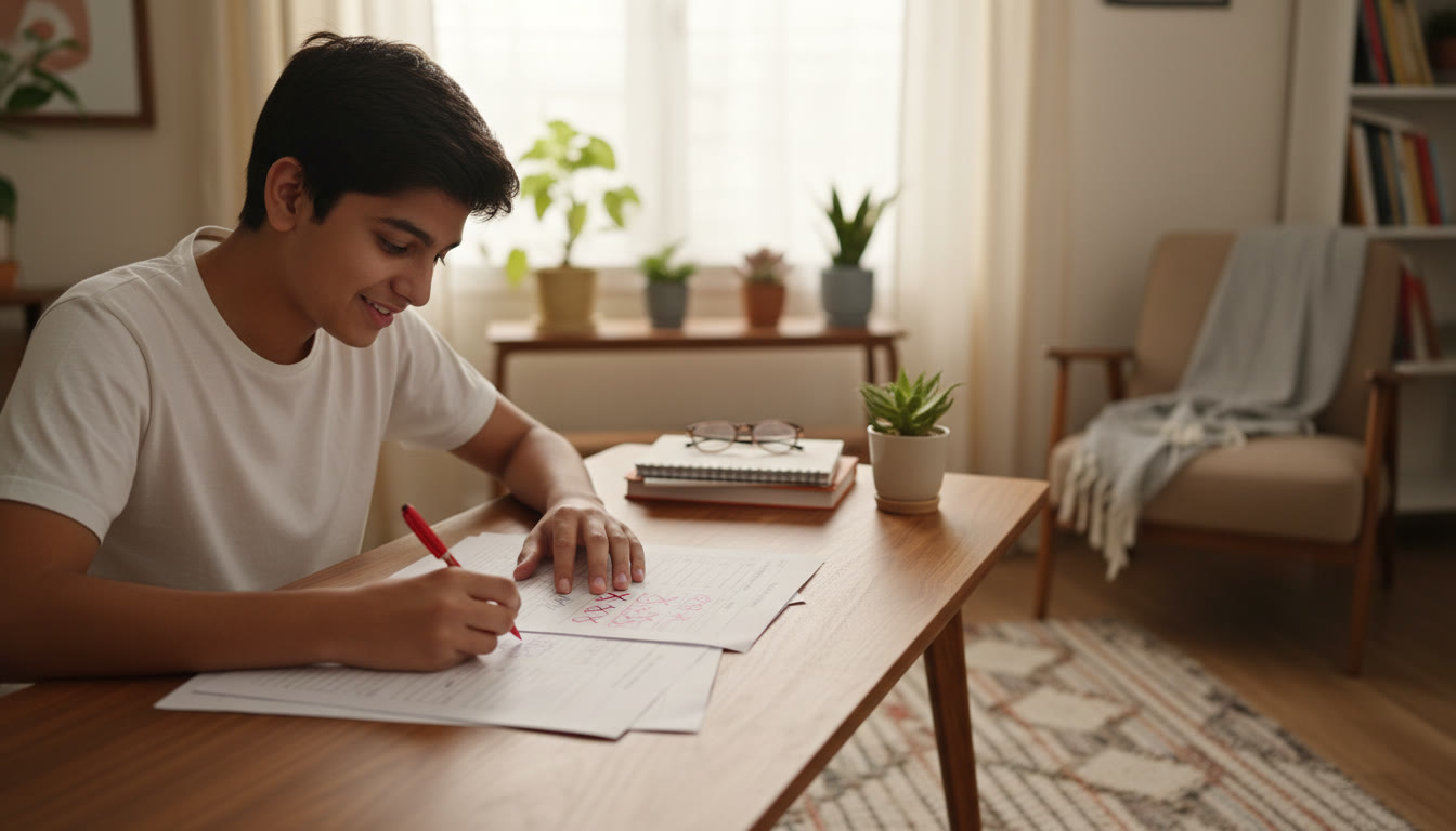 Photo Idea : Mid-level student marking answers on a mock test paper with a red pen