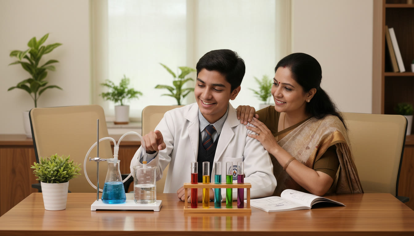Photo Idea : Student demonstrating a simple lab setup to a teacher, with beakers and test tubes and a clear labeled notebook