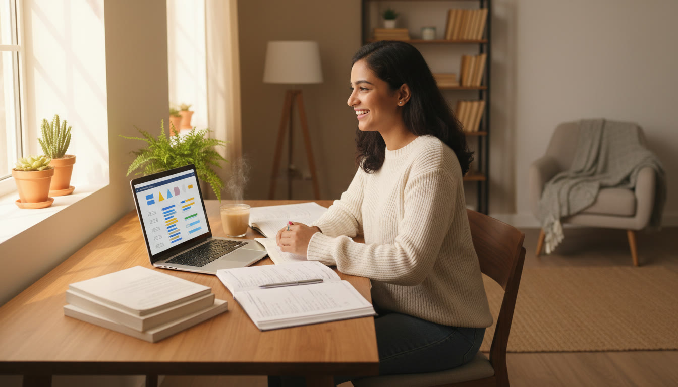 Photo Idea : Student at desk studying with open books and a laptop displaying a mock test interface, warm natural light