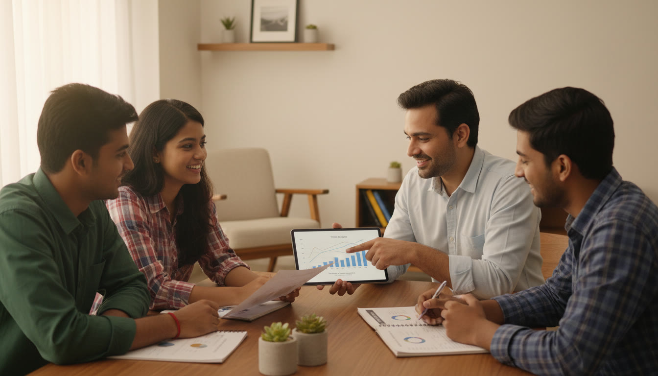 Photo Idea : A small group of students reviewing a mock test report with a tutor pointing at a timing chart on a tablet.