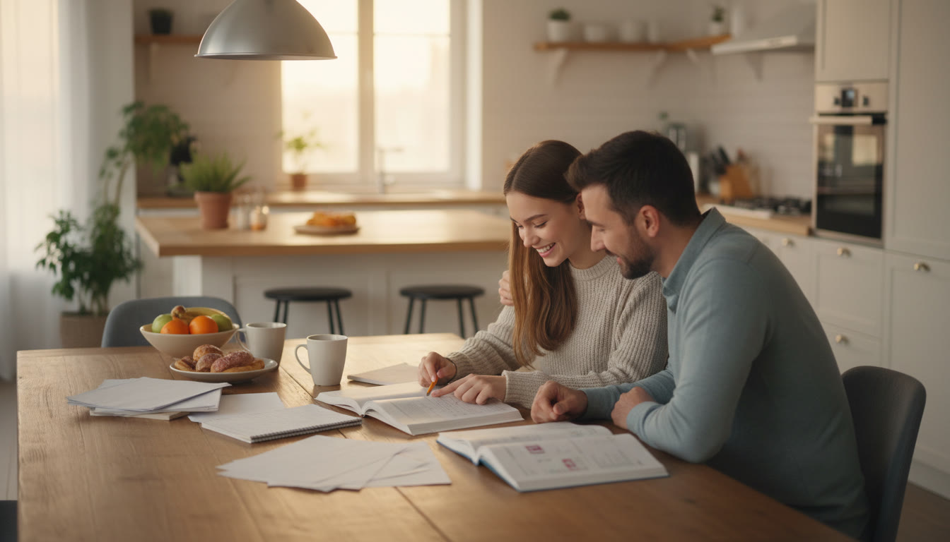 Photo Idea : parents and teen studying together at a kitchen table, warm lighting