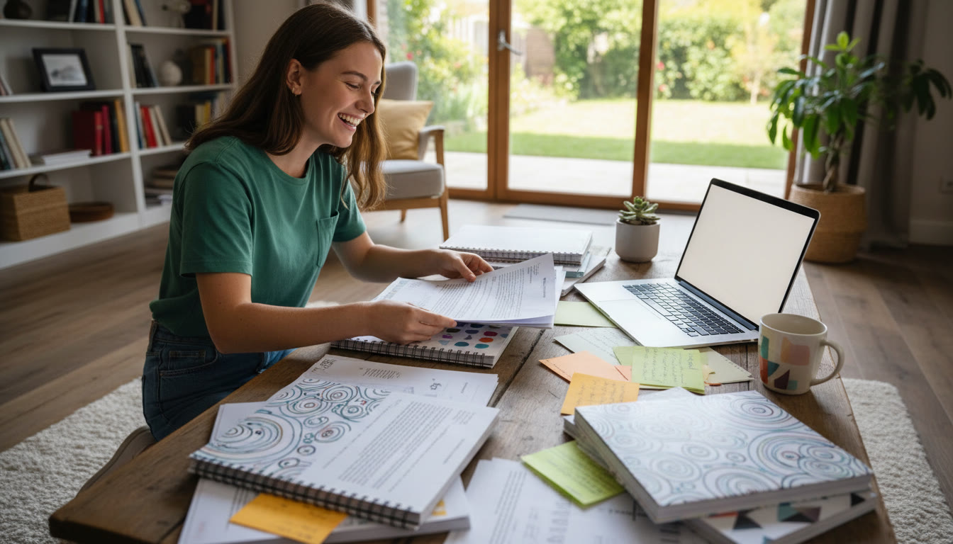 Photo Idea : Student arranging printed essays, journals, and notes on a wooden desk with a laptop open