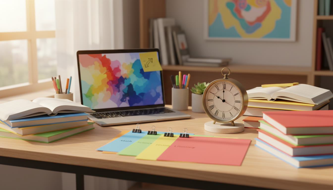 Photo Idea : A tidy desk with color-coded notes, a clock, and a sticky note reading