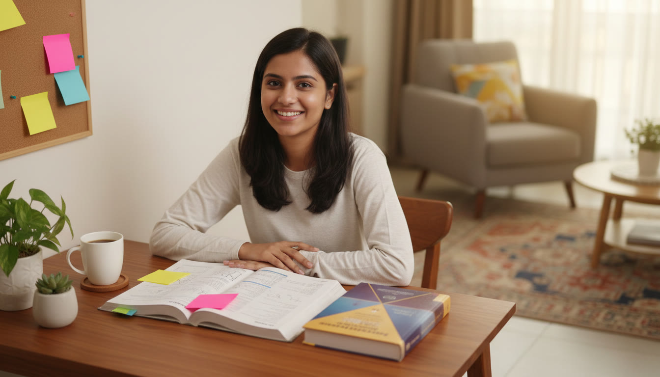Photo Idea : student at a tidy study desk with an open NCERT book, a thicker reference book beside it, colorful sticky notes, and a cup of coffee