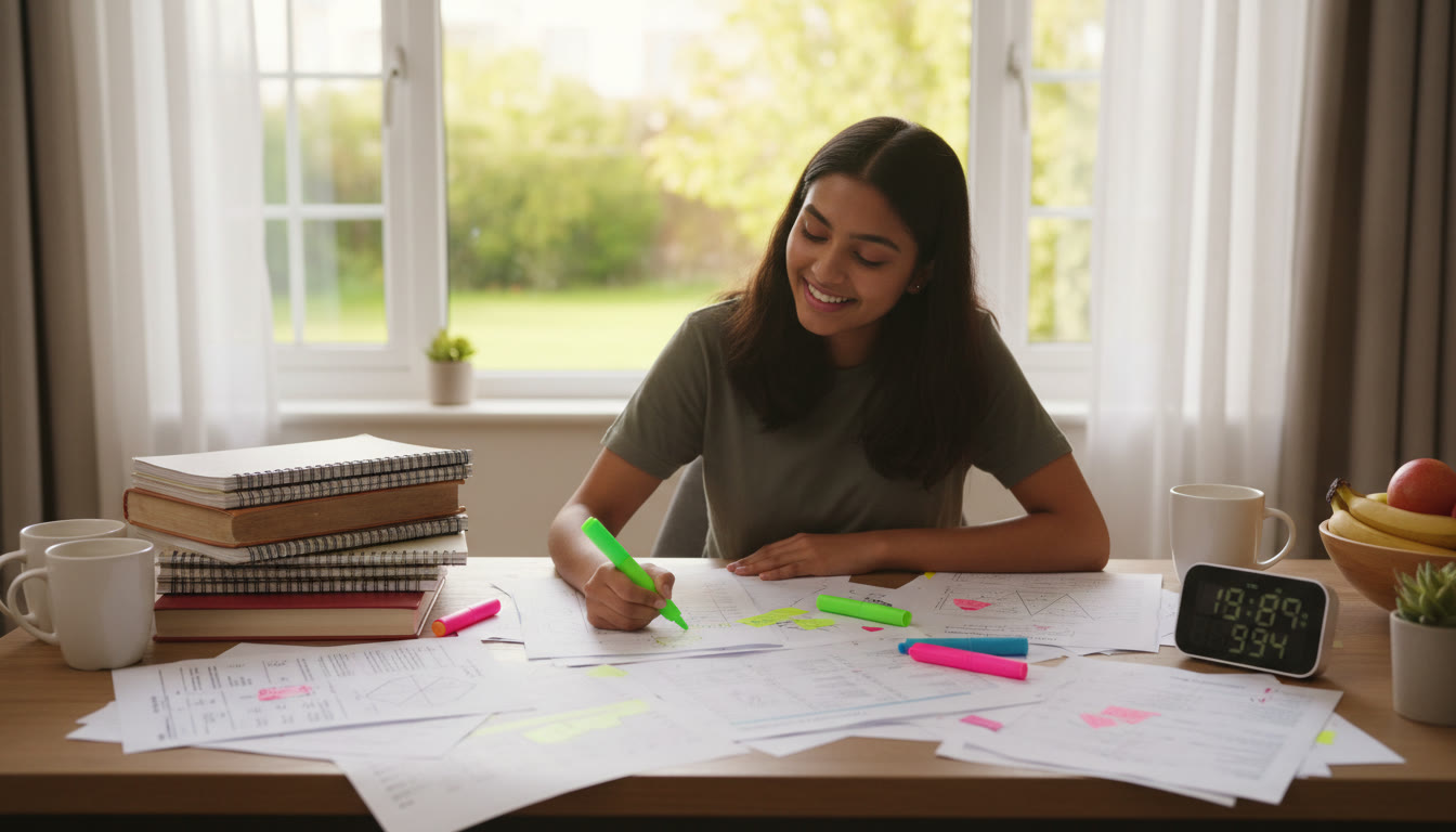 Photo Idea : Student at a desk with a spread of past papers, highlighters and a timer
