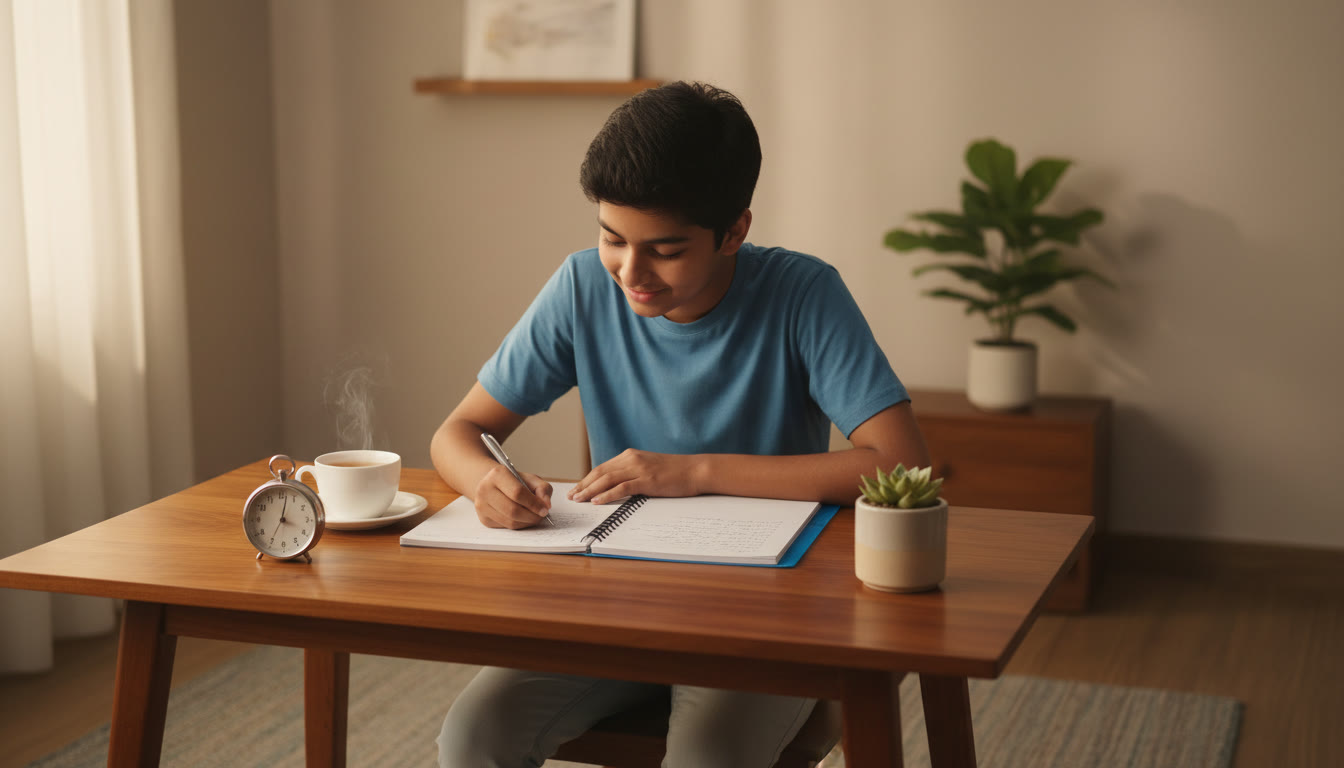 Photo Idea : focused student writing a mock test on a desk with an analogue timer and a cup of tea
