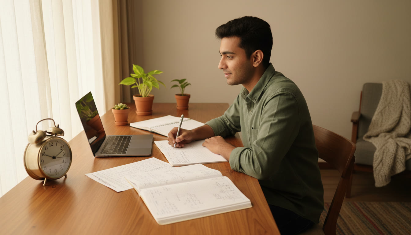 Photo Idea : A focused student at a study desk with a clock showing early morning, notebooks, and an OMR sheet beside a laptop.