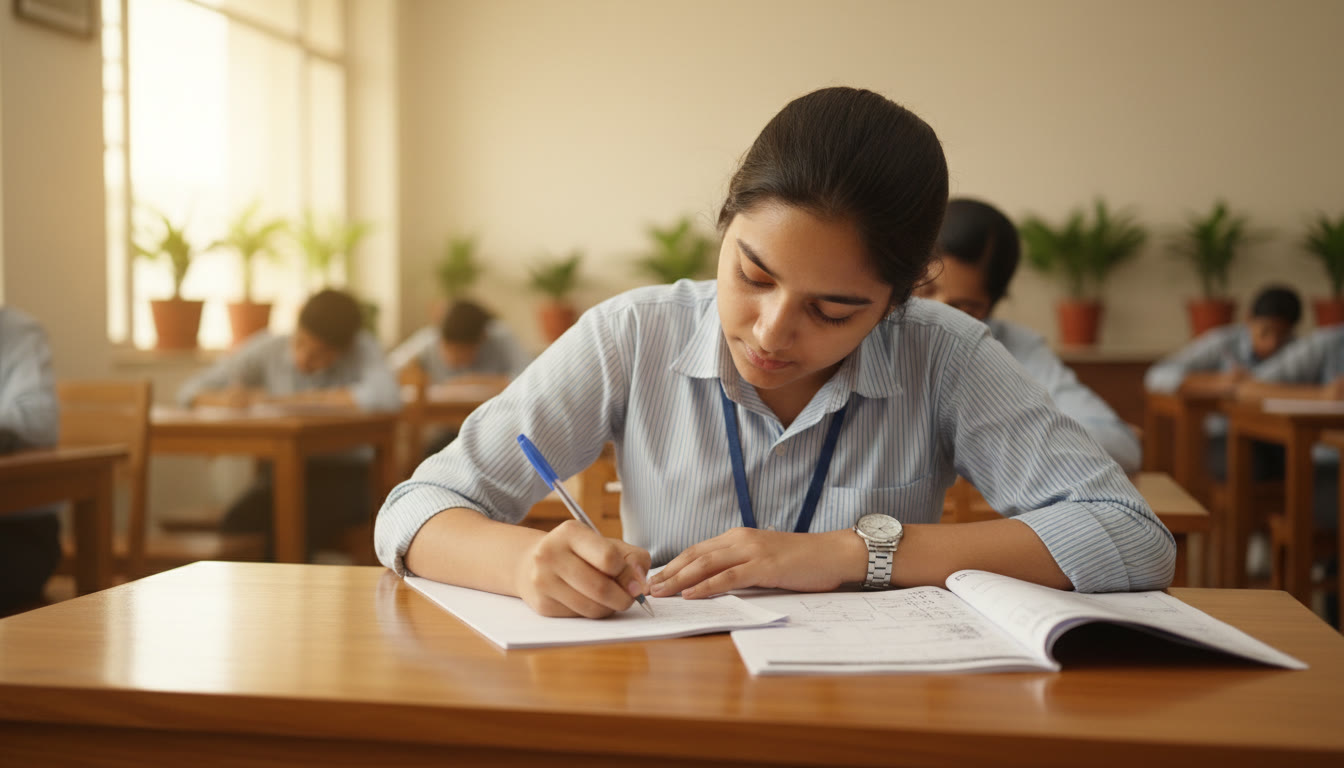 Photo Idea : A focused student writing neatly in an exam hall with a wristwatch and a question paper visible