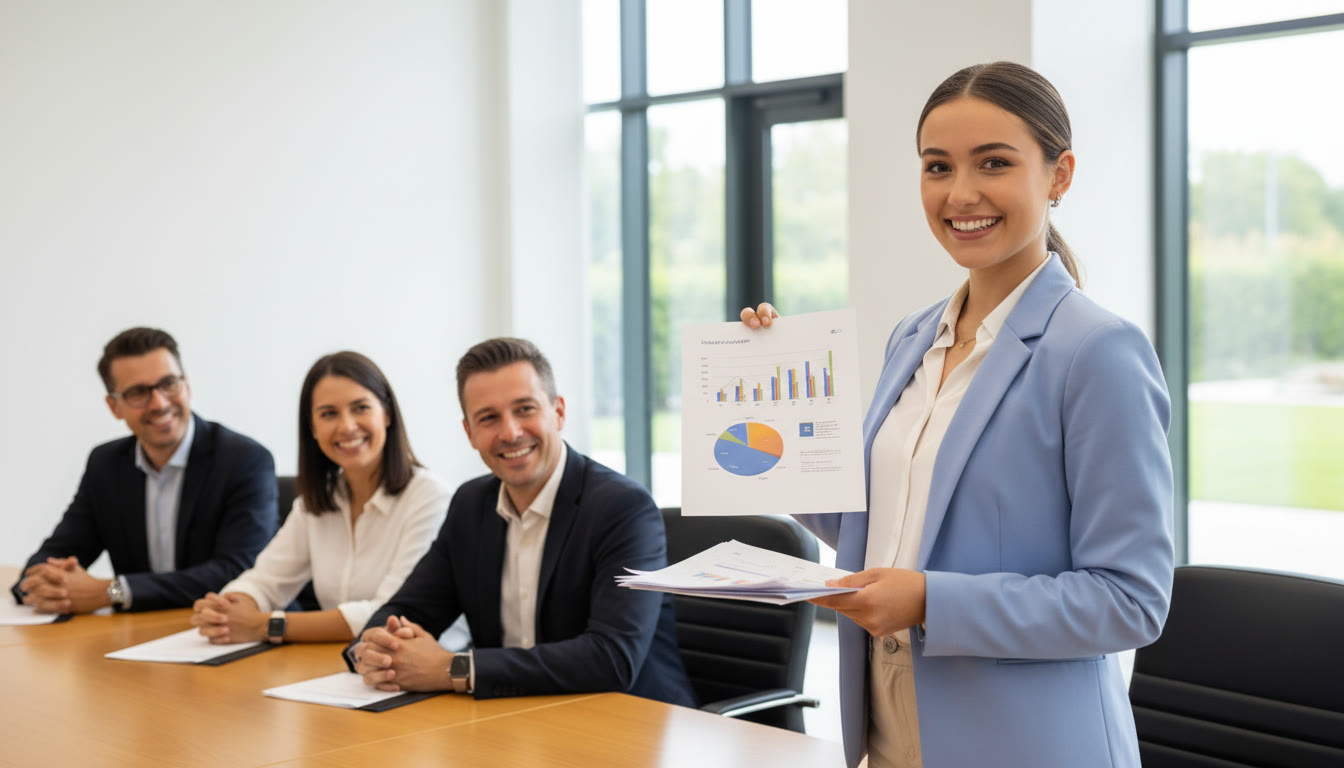 Photo Idea : A student presenting results to a panel, holding a printed summary and graphs