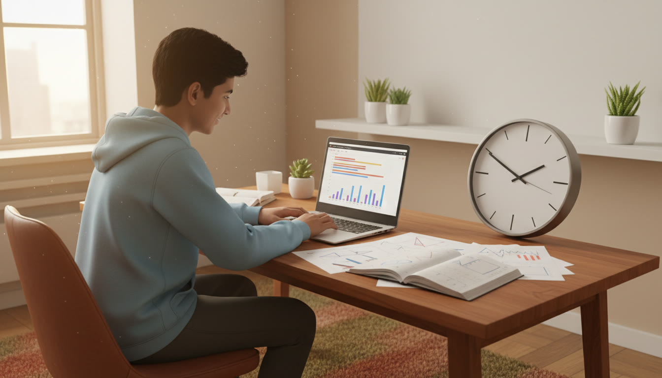 Photo Idea : A focused student at a desk with a clock showing focused study time, scattered notes, and a laptop showing practice test interface