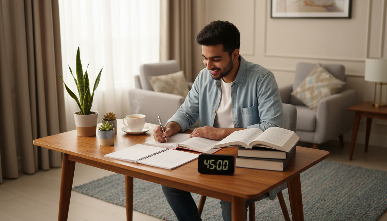 Photo Idea : A focused student at a desk with textbooks open, a notebook, and a timer showing a study block