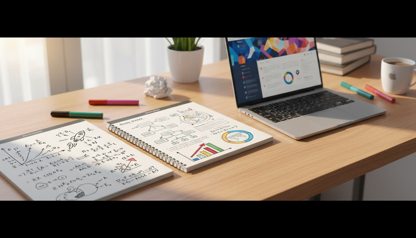 Photo Idea : close-up of notebook with physics equations beside business case notes and a laptop