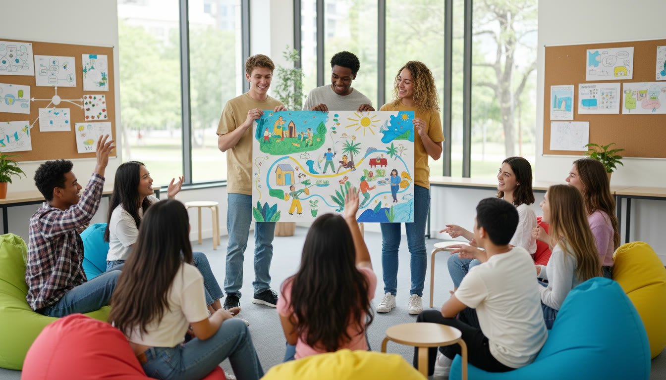 Photo Idea : A small group presenting a colorful poster to classmates, showing a community-based project in action