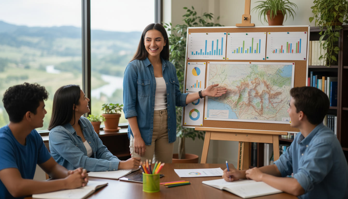Photo Idea : Student presenting fieldwork findings to a small group, with charts and a map