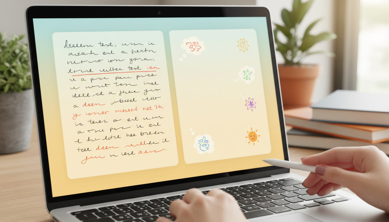 Photo Idea : Close-up of a laptop screen showing a revised paragraph with rubric notes in the margin