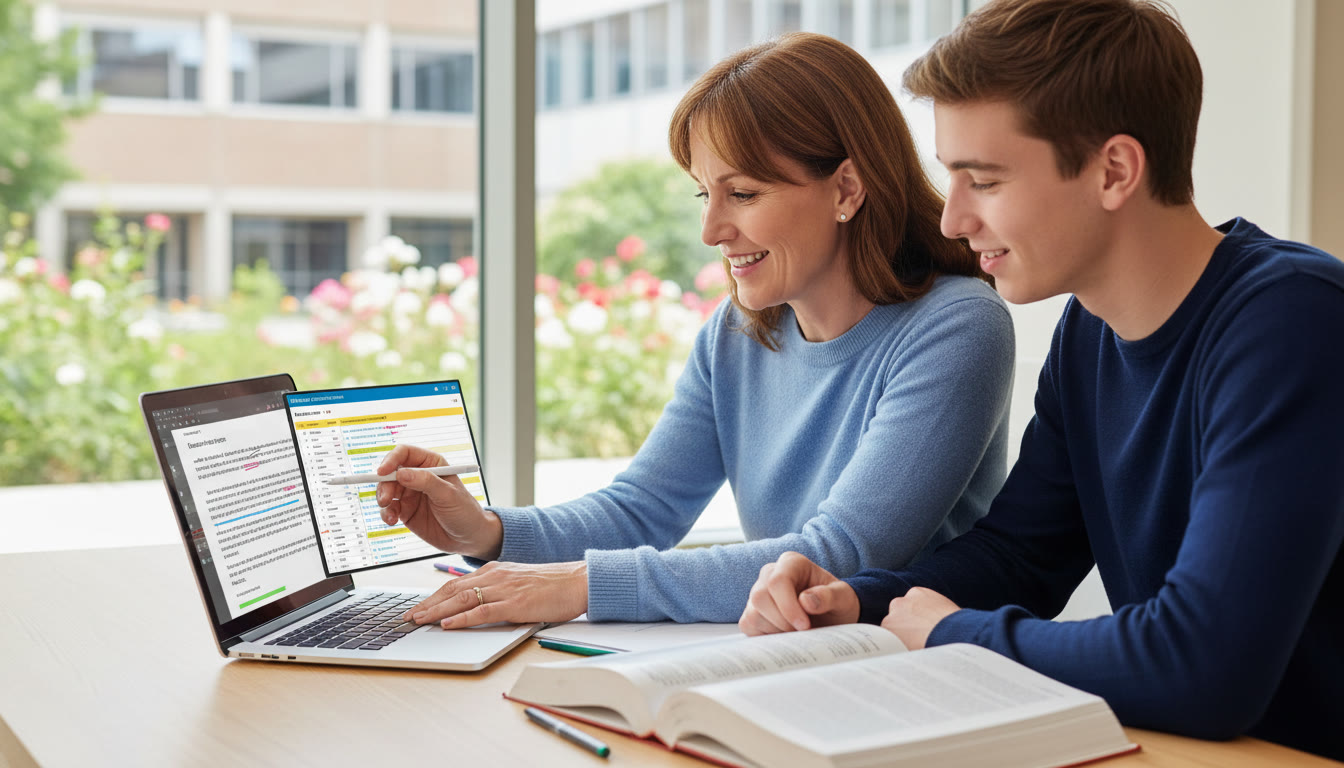 Photo Idea : Tutor and student sitting over a laptop, highlighting a practice response against a markscheme
