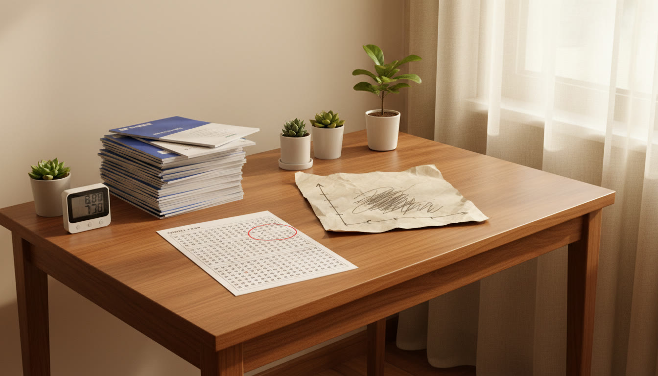 Photo Idea : A small desk setup showing a timer, a stack of mock test papers, a completed OMR sheet and a note with "error log" written on it