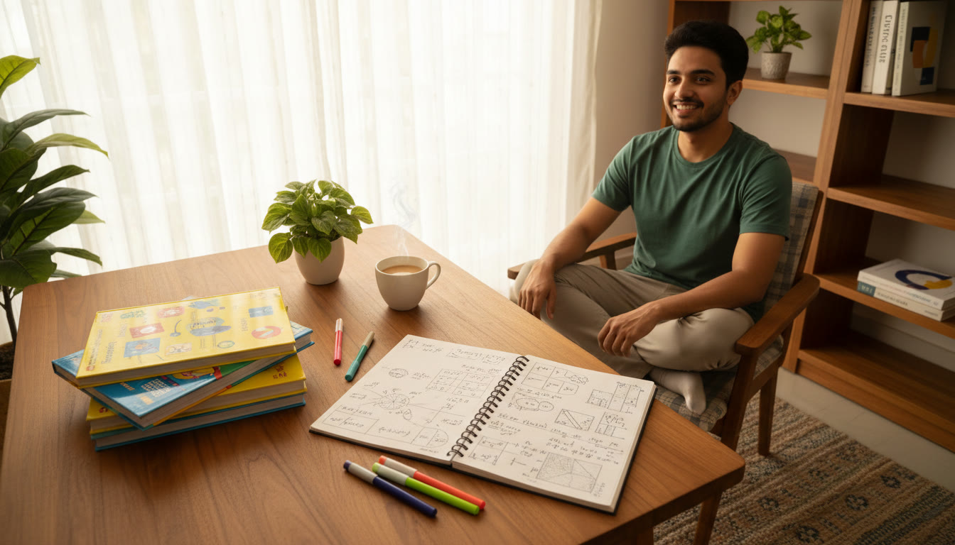 Photo Idea : Student at a study desk with school textbooks on one side and a notebook with mock-test notes on the other