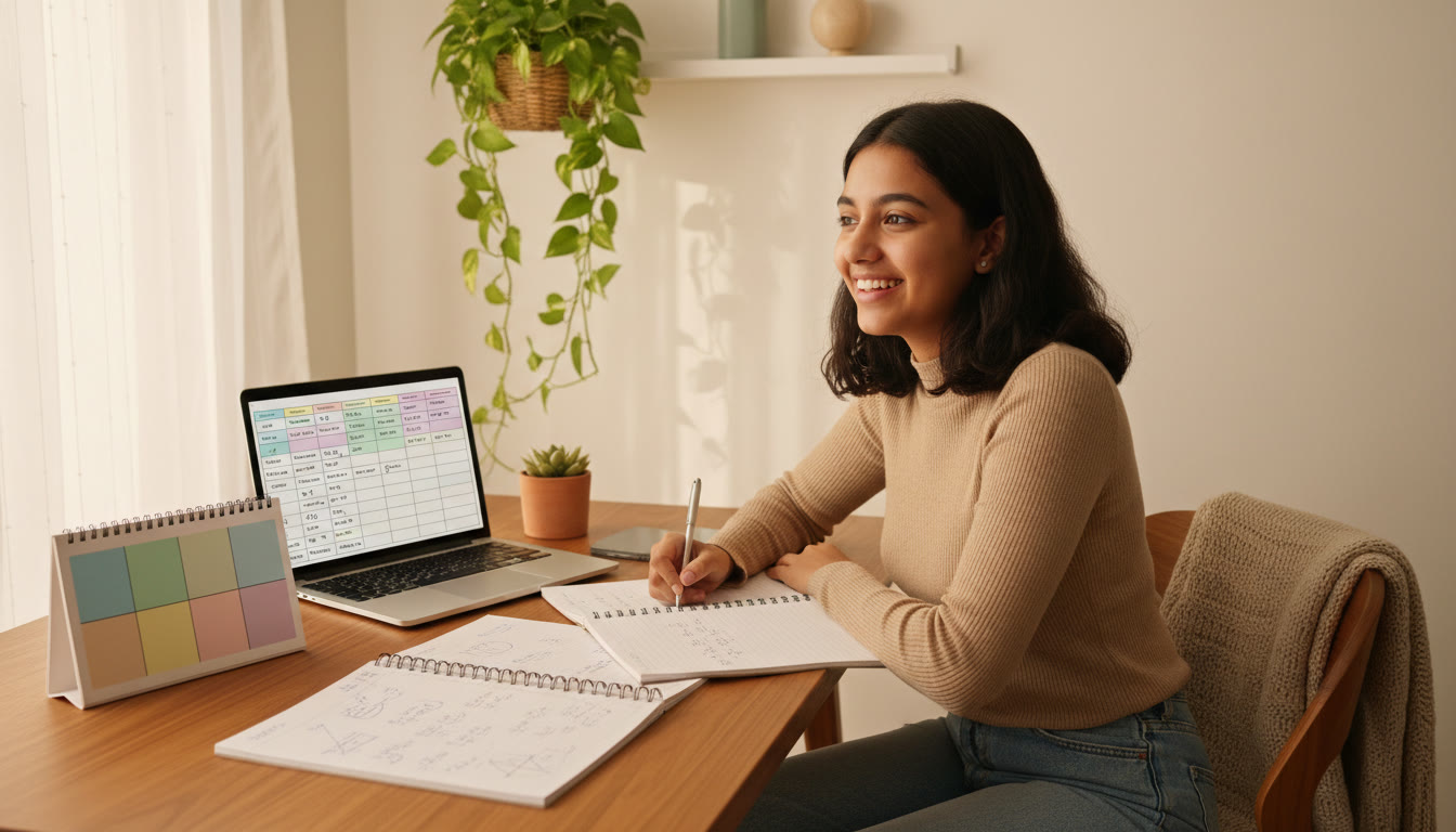 Photo Idea : A student at a tidy desk with open notebooks, a calendar marked with six segments, and a laptop showing a timetable