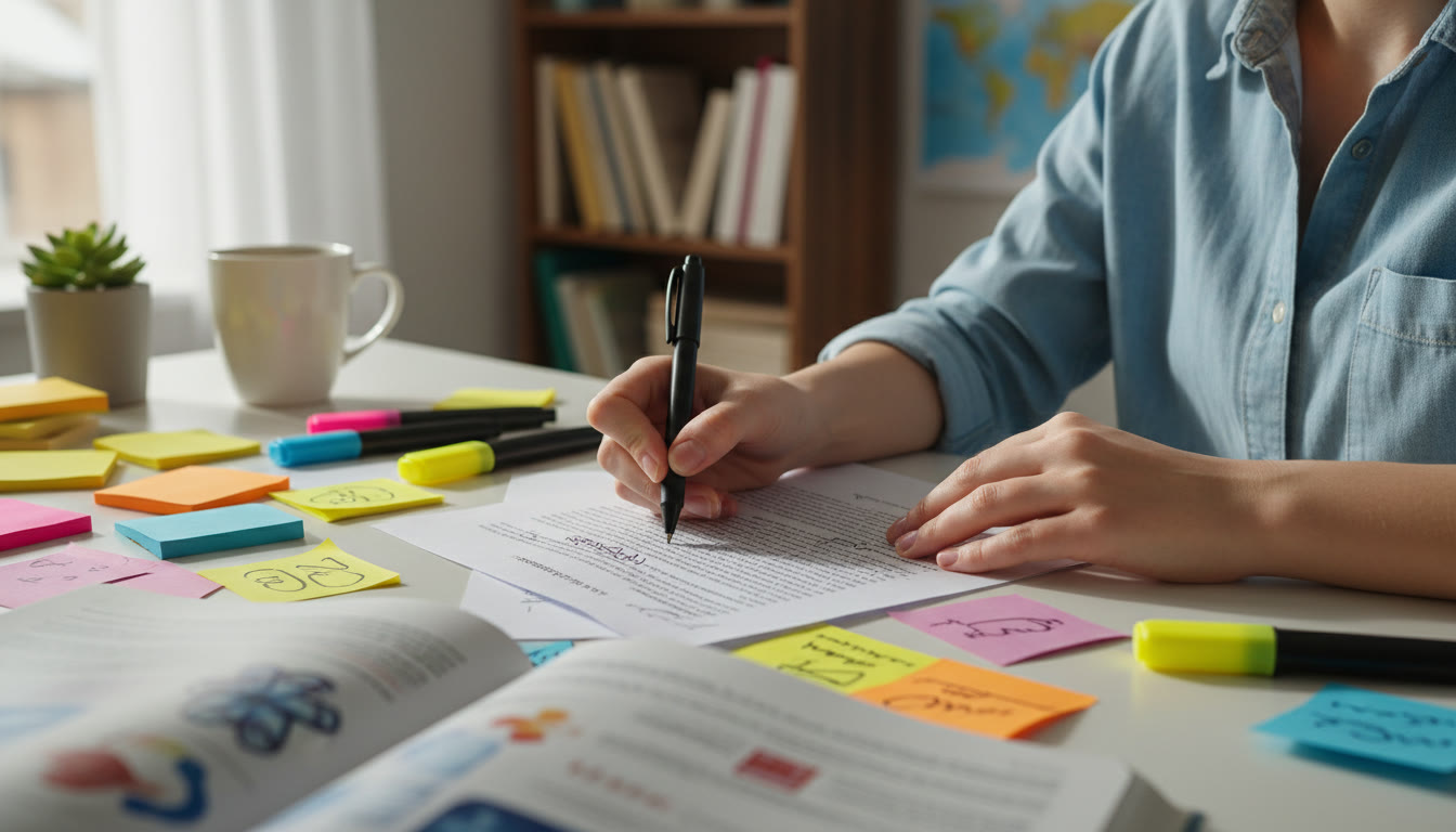 Photo Idea : Close-up of a student marking up a printed essay with a pen, highlighters and sticky notes on the desk