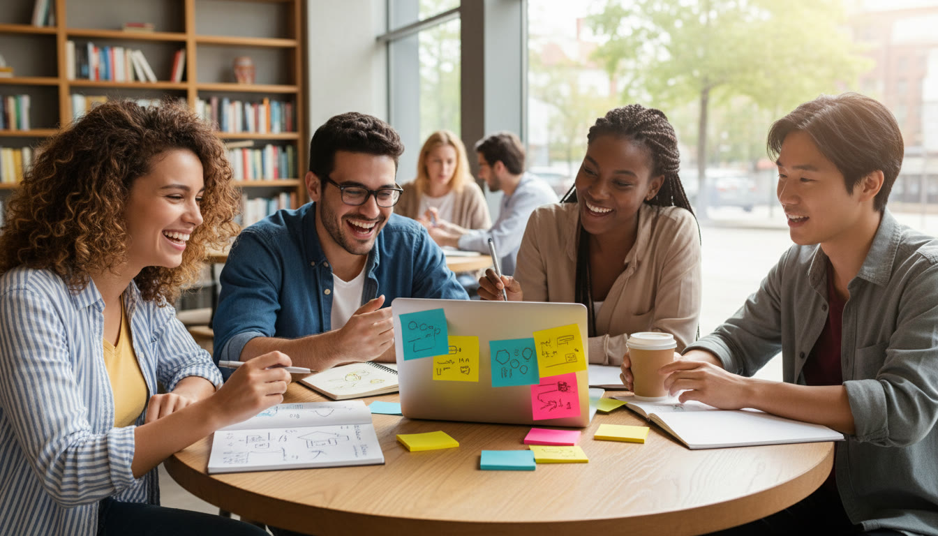 Photo Idea : A small group of diverse students clustered around a table with notebooks, a laptop, and colorful sticky notes, brainstorming subject choices.
