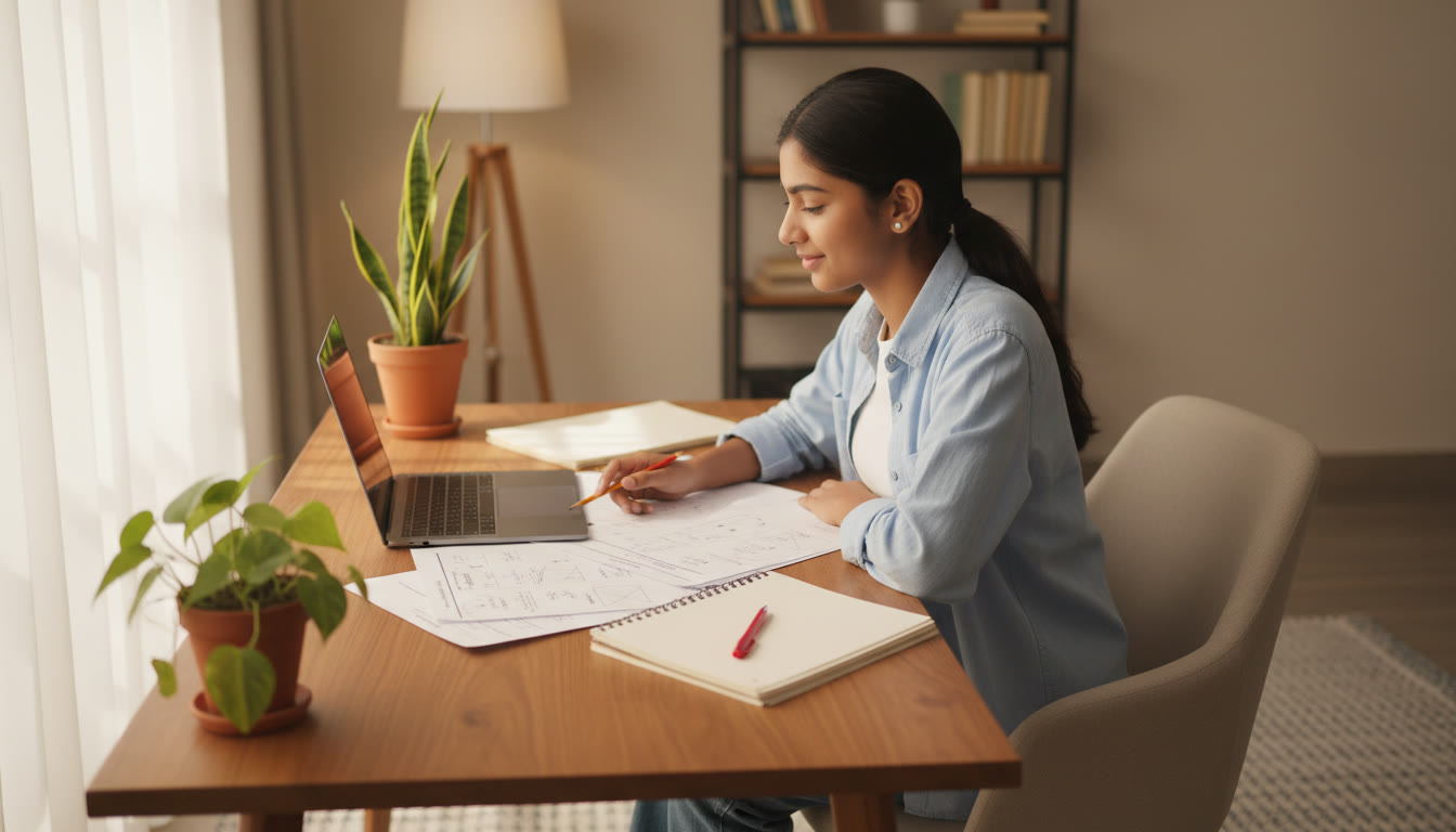 Photo Idea : A focused student at a desk with laptop, printed question paper, and a neat error-log notebook