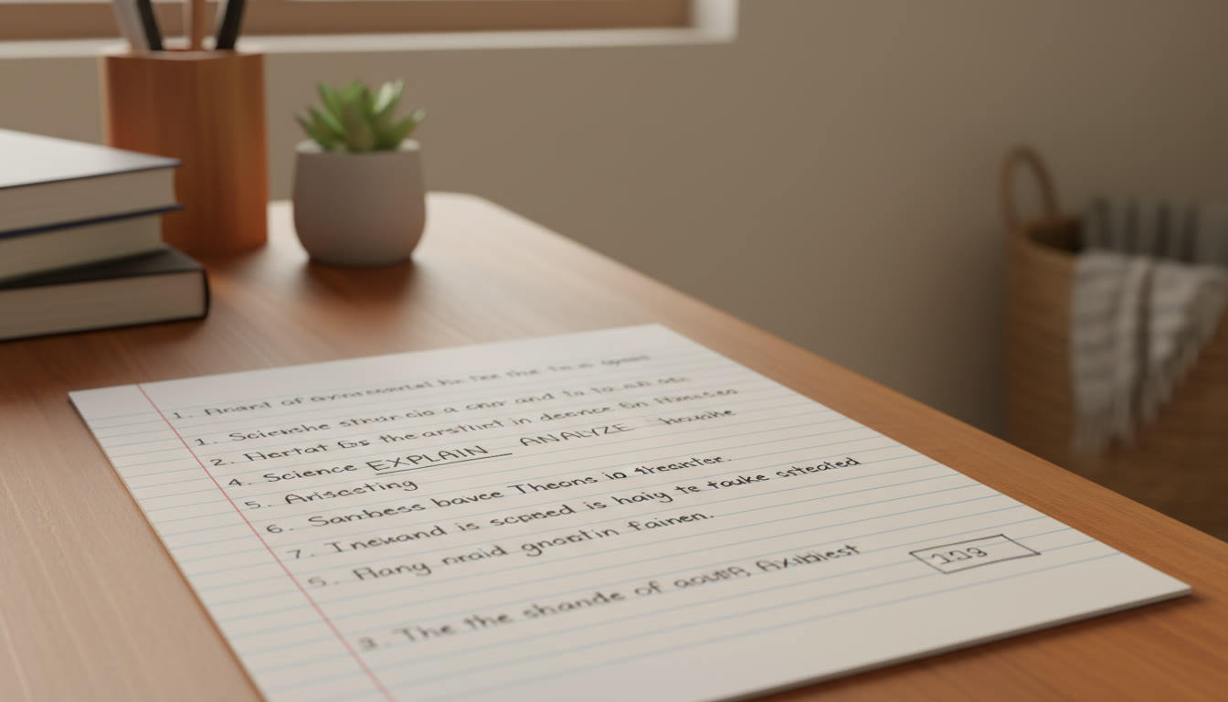 Photo Idea : Close-up of a student’s answer sheet with neatly numbered points, an underlined command word and a boxed final answer.