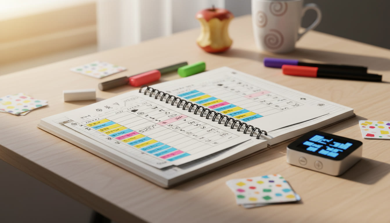 Photo Idea : Close-up of a notebook with an interleaved study schedule and a timer