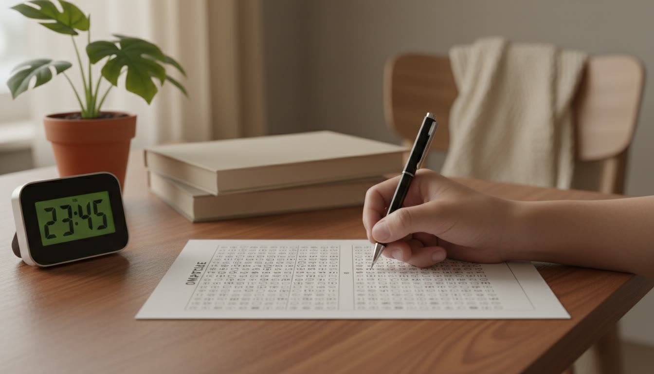 Photo Idea : Close-up of a hand marking answers on a practice OMR sheet with a timer visible nearby
