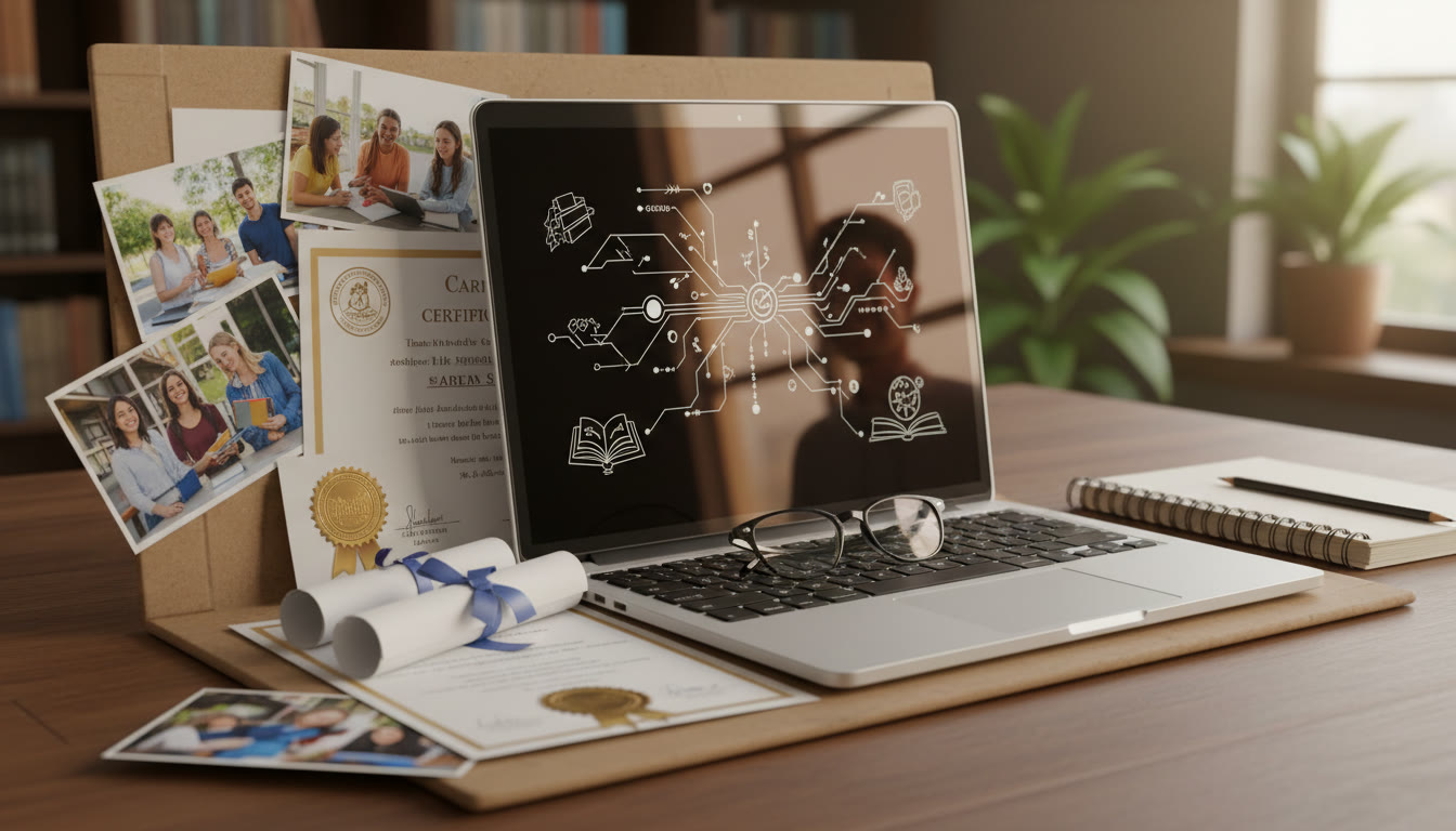 Photo Idea : Close-up of a student portfolio with printed photos, certificates, and a laptop showing a reflection entry