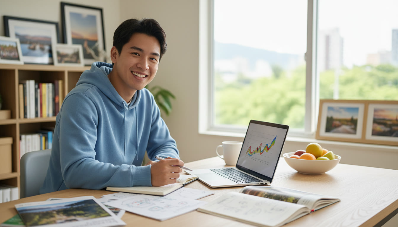 Photo Idea : Student at a desk with a laptop, notebooks, and university brochures spread out