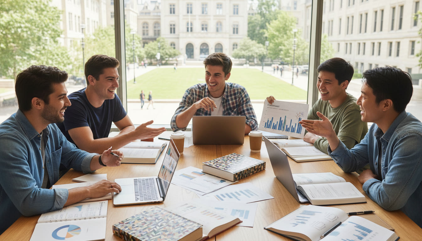 Photo Idea : Diverse students around a table with laptops, finance textbooks, and printed graphs