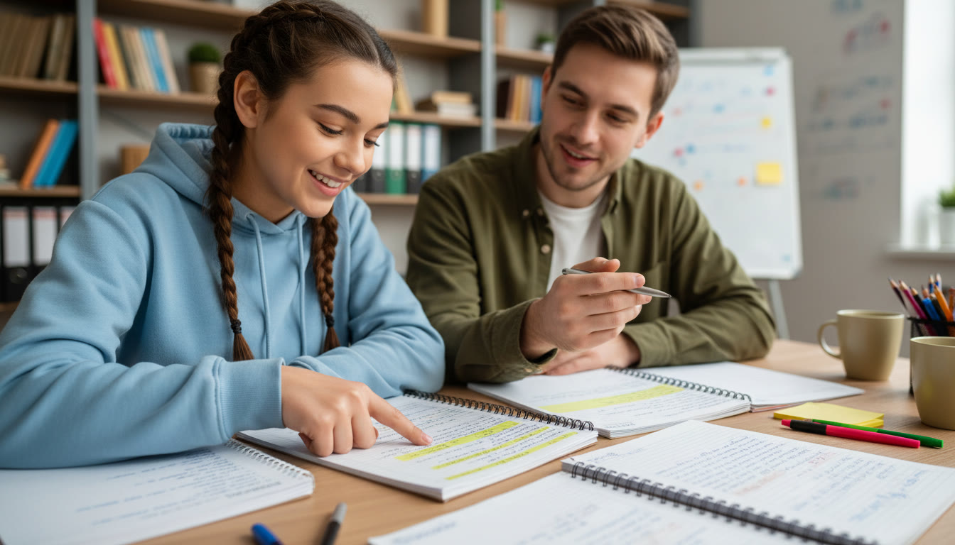 Photo Idea : A student and a tutor discussing annotated pages of an IA draft, pointing at a highlighted paragraph