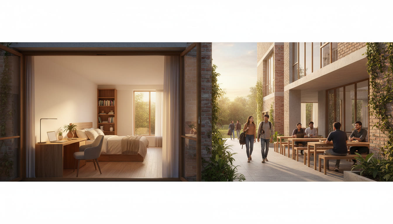 Photo Idea : A campus hostel room and shared mess area with students walking between buildings