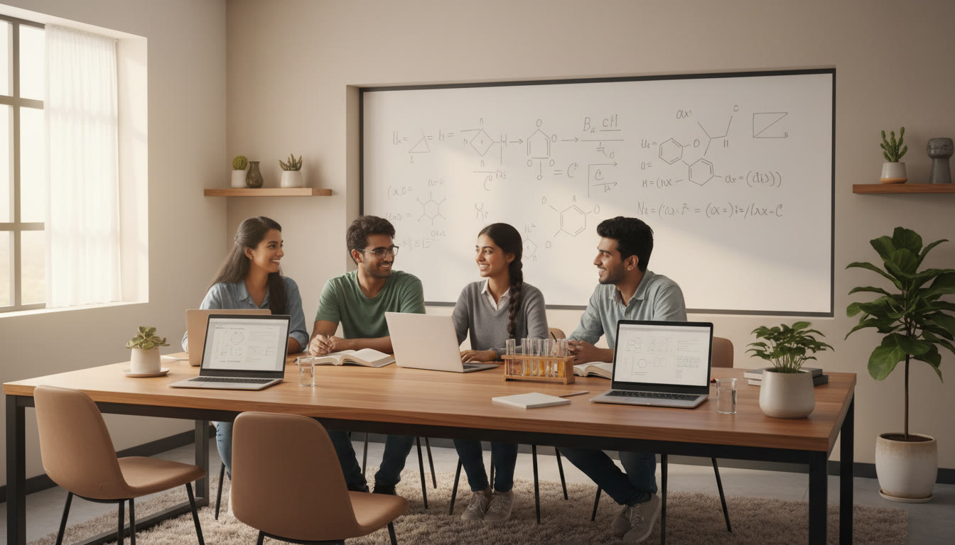 Photo Idea : students collaborating around a lab bench with laptops and a whiteboard showing equations