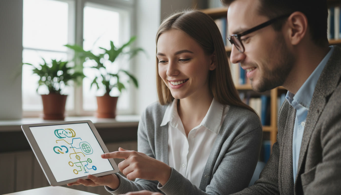 Photo Idea : Close-up of a student presenting a compact portfolio PDF on a tablet to a counsellor