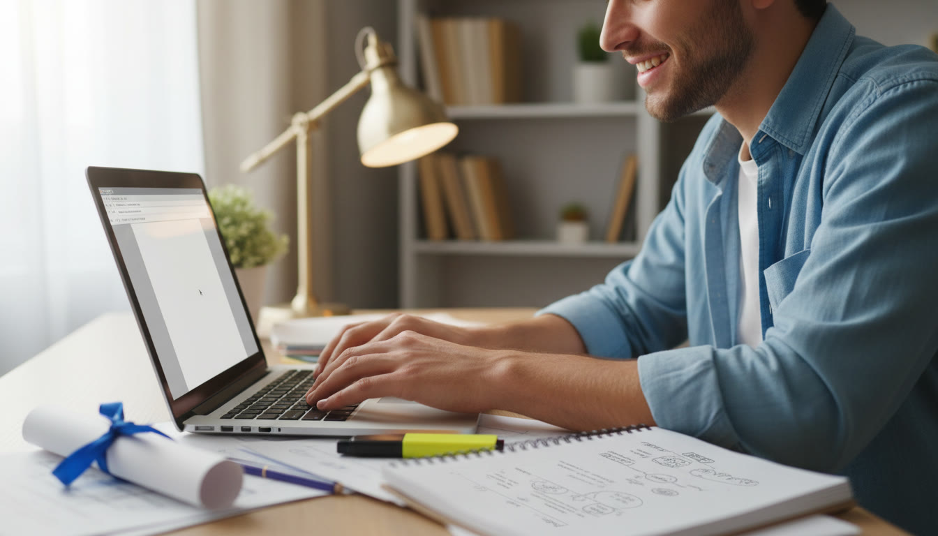 Photo Idea : Close-up of student typing concise answers for UCAS on a laptop, with an IB diploma and notes beside them