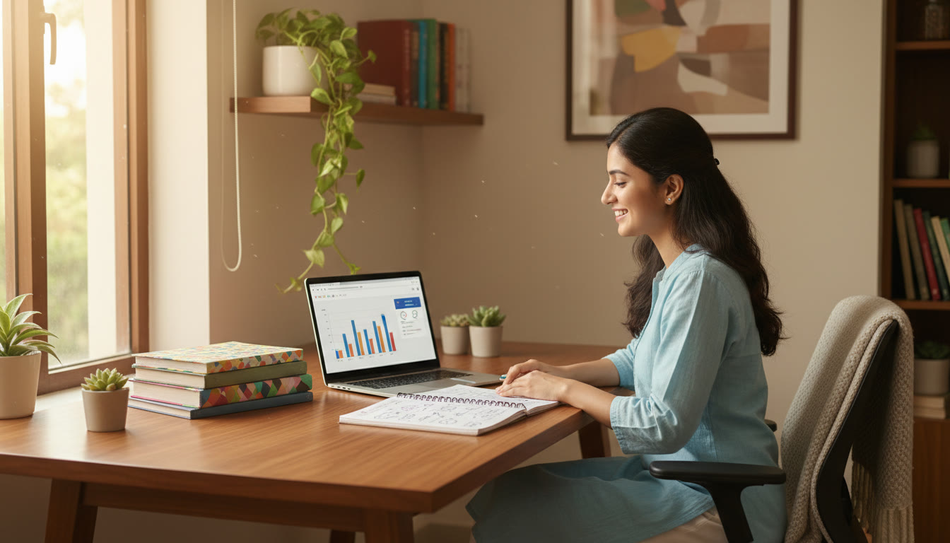 Photo Idea : Student in study corner with NEET notes, a laptop open to a mock test and a notebook.