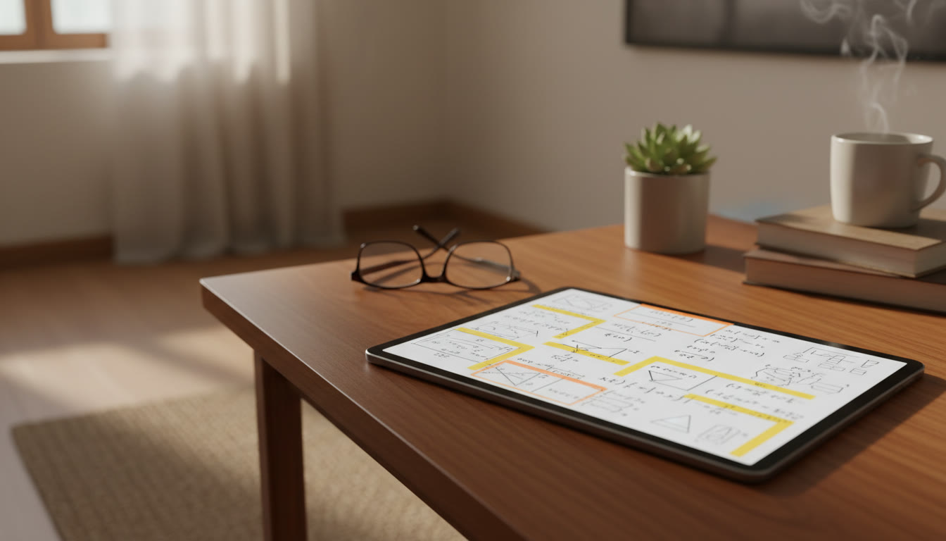Photo Idea : Close‑up of an open PDF on a tablet showing a summarized formula sheet with hand highlights