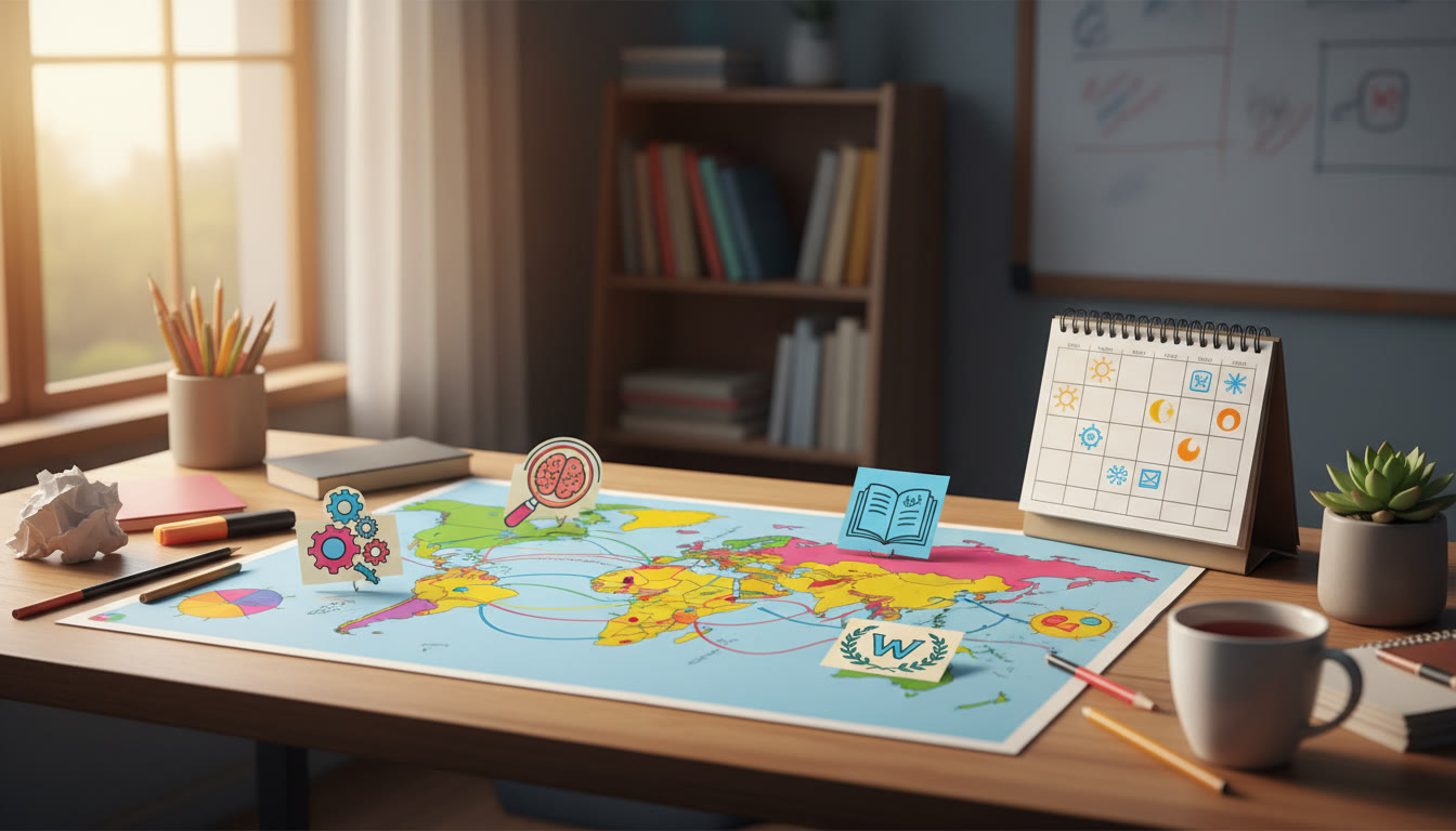 Photo Idea : A student map on a desk with sticky notes marked 