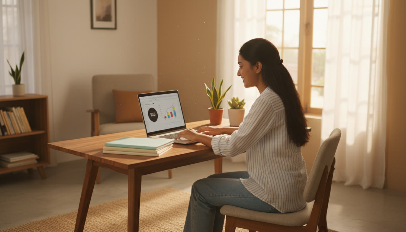 Photo Idea : student at a tidy desk taking a timed mock test on a laptop with three notebooks labeled Physics, Chemistry, Biology