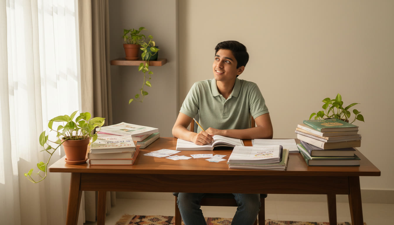 Photo Idea : Student at a desk surrounded by NEET study materials, pausing to think with a pencil near a notepad