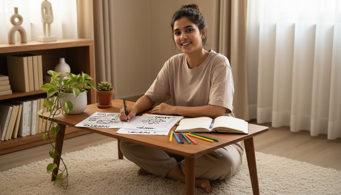 Photo Idea : Student at a desk with a printed mock test, colored pens, and a notebook for notes