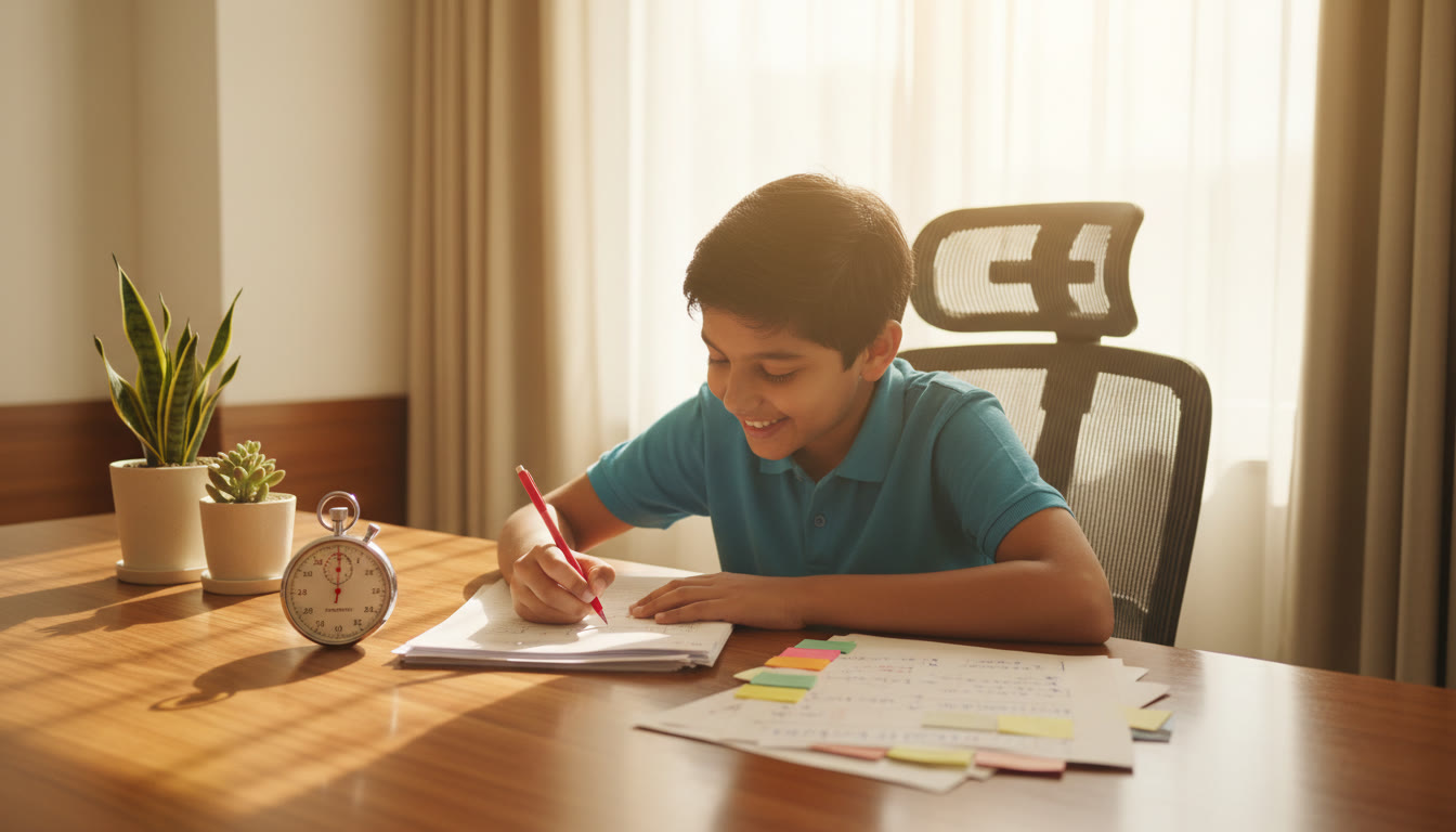 Photo Idea : Student taking a timed mock test at a desk with a visible stopwatch and correction notes nearby