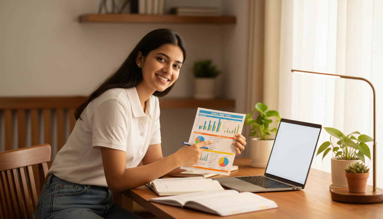 Photo Idea : Student reviewing a colorful mock test scorecard on a desk with open notebooks, a pen, and a laptop