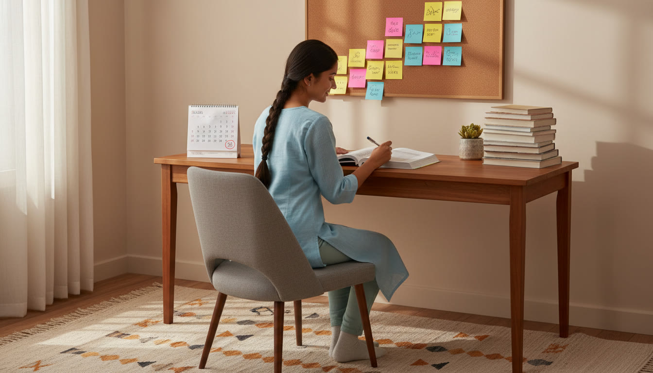 Photo Idea : A focused student at a tidy desk with a 30-day calendar, textbooks stacked, and color-coded sticky notes