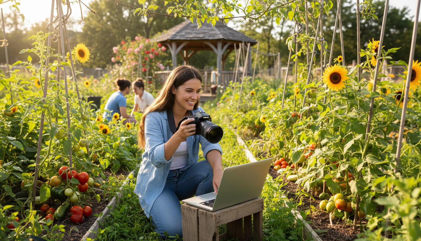Photo Idea : Student photographing a community garden and typing a reflection on a laptop
